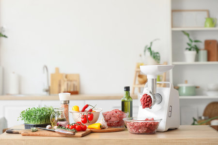 Modern meat grinder with minced beef and vegetables on table in kitchenの写真素材