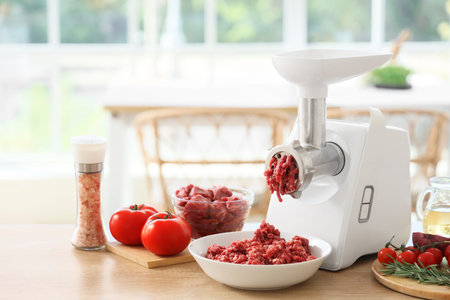 Modern meat grinder with minced beef and vegetables on table in kitchen