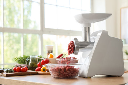 Modern meat grinder with minced beef and vegetables on table in kitchen
