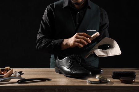 Male shoemaker polishing shoes at table on dark backgroundの写真素材
