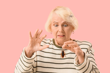 Scared senior woman with cockroach on pink backgroundの写真素材