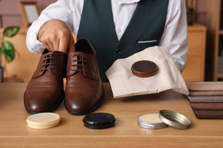 Male shoemaker with leather shoes and polish at table in workshopの写真素材
