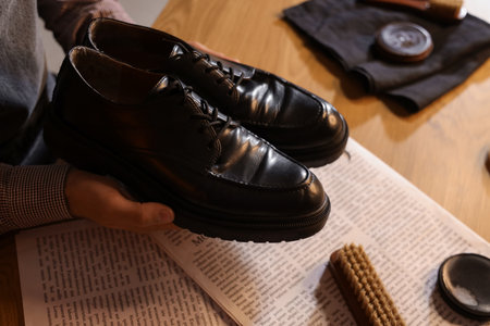 Male shoemaker polishing shoes at table in dark workshop, closeupの写真素材