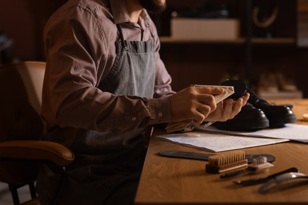 Male shoemaker with shoe polish at table in dark workshopの写真素材