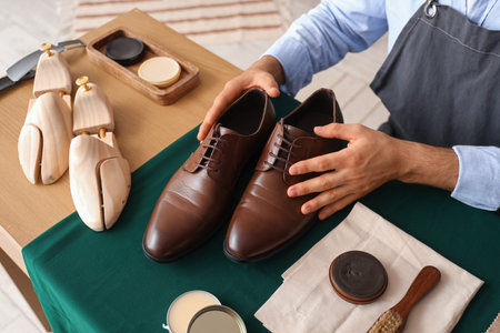 Male shoemaker with leather shoes and polish on table in workshop, closeup