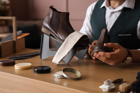 Male shoemaker polishing leather boots at table in workshopの写真素材