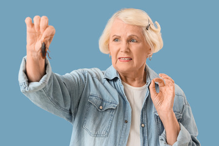 Senior woman with cockroach on blue background