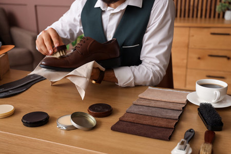 Male shoemaker polishing shoe at table in workshop