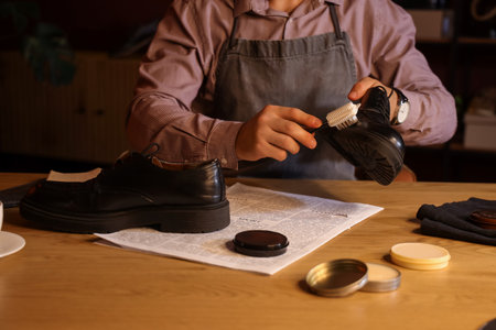 Male shoemaker polishing shoes at table in dark workshopの写真素材
