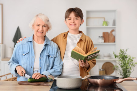 Senior woman cutting cucumber and her grandson with recipe book in kitchenの写真素材