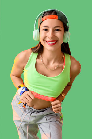 Female hip-hop dancer in headphones on green background