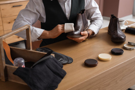 Male shoemaker polishing leather boot at table in workshopの写真素材