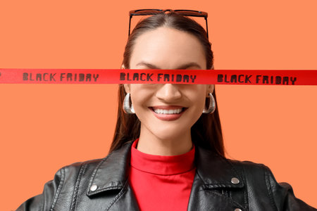 Happy young woman and ribbon with text BLACK FRIDAY on orange backgroundの写真素材