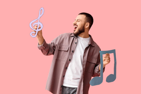 Young man with paper music notes singing on pink background