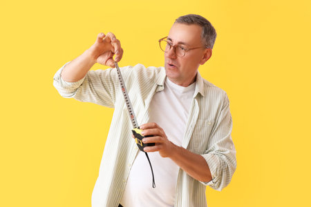 Mature man with tape measure on yellow backgroundの写真素材