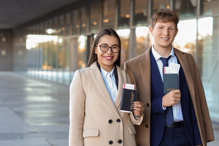 Young couple with passports near airport
