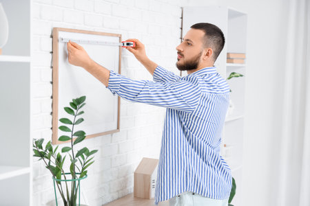 Young man measuring blank frame on white brick wall at homeの写真素材
