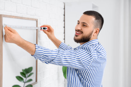 Young man measuring blank frame on white brick wall at homeの写真素材
