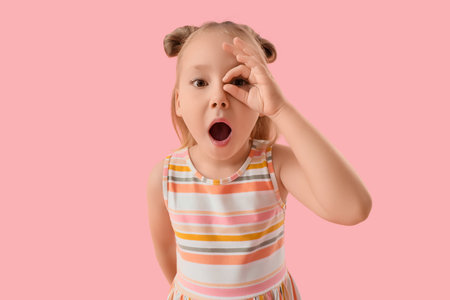 Cute little girl with imaginary telescope on pink backgroundの写真素材