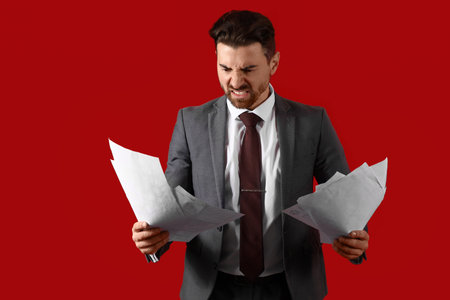 Angry businessman with papers on red backgroundの写真素材