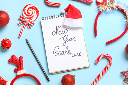 Notebook with text NEW YEAR GOALS 2026 and Christmas decor on blue backgroundの写真素材