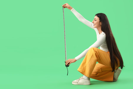 Beautiful young woman measuring something with tape on green background