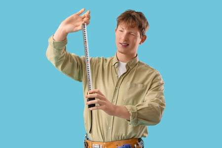 Young man with measuring tape on blue background