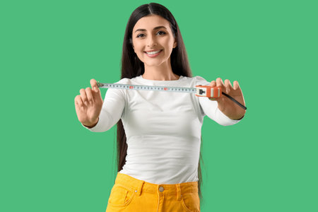 Beautiful young woman with measuring tape on green background
