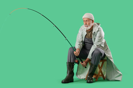 Shocked senior man with fishing rod sitting on green backgroundの写真素材