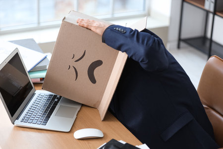 Businessman in cardboard box with sad smile at office.の写真素材
