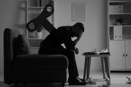 Silhouette of businessman with winding key sitting on sofa in dark office.の写真素材