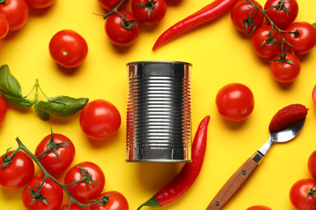 Tin can of tasty tomato paste with chili peppers and basil leaves on yellow backgroundの写真素材