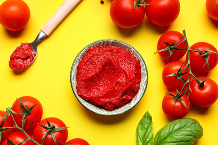 Bowl and spoon of tasty tomato paste with basil leaves on yellow backgroundの写真素材