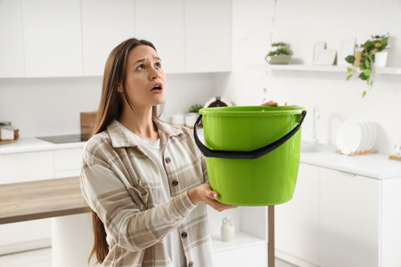 Worried young woman placing green bucket under water dripping from ceiling in kitchenの写真素材
