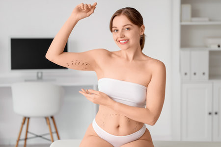 Young woman with marks on her body in clinic. Liposuction conceptの写真素材