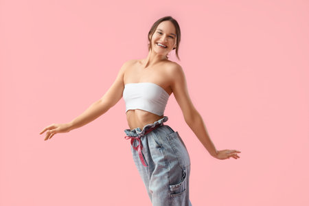 Young woman in loose jeans tied with tape measure on pink background. Liposuction conceptの写真素材