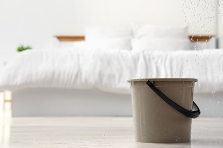 Water dripping from ceiling into plastic bucket on floor in bedroomの写真素材