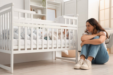 Young mother with her baby in crib suffering from postnatal depression at homeの写真素材