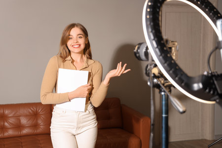 Young actress with film script recording her audition in roomの写真素材