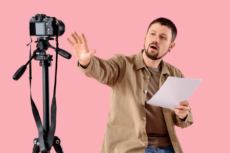 Male actor with film script recording his audition on pink backgroundの写真素材