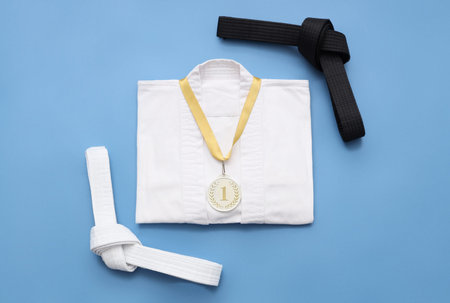 Karate uniform with first place medal and belts on blue background