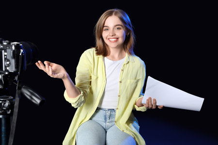 Young actress recording her audition on black backgroundの写真素材