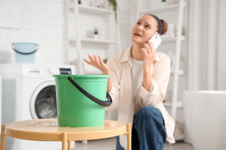 Water dripping from ceiling into bucket on table against woman talking by mobile phone in bathroomの写真素材