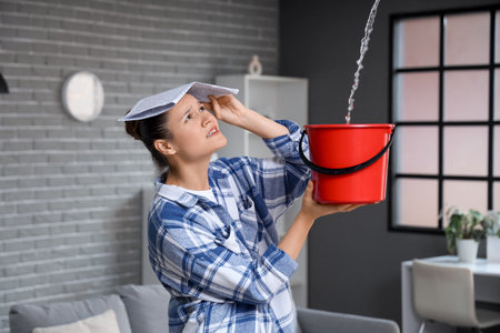 Young woman placing bucket under water dripping from ceiling at homeの写真素材