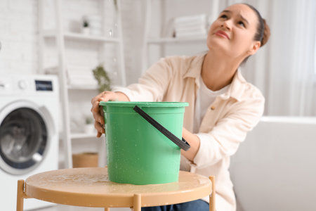 Young woman placing bucket under water dripping from ceiling in bathroom, closeupの写真素材