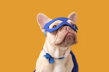 Cute bulldog in superhero costume on orange background, closeupの写真素材