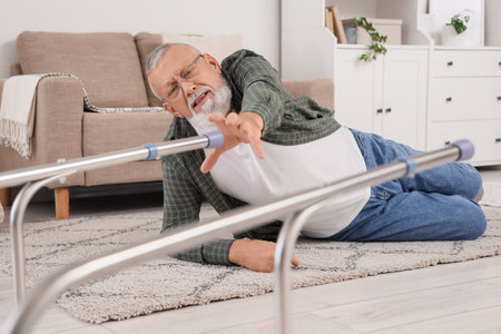 Senior man lying on floor after fall with walker at homeの写真素材