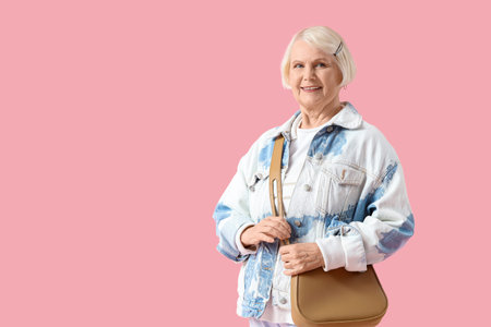Stylish senior woman in denim jacket with bag on pink background