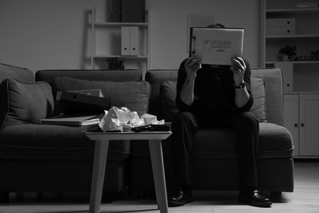 Businessman holding clipboard with text STRESS AWARENESS WEEK in officeの写真素材