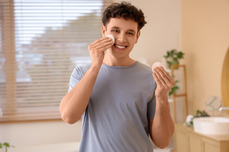 Handsome young man with cotton pads cleansing his face in bathroomの写真素材